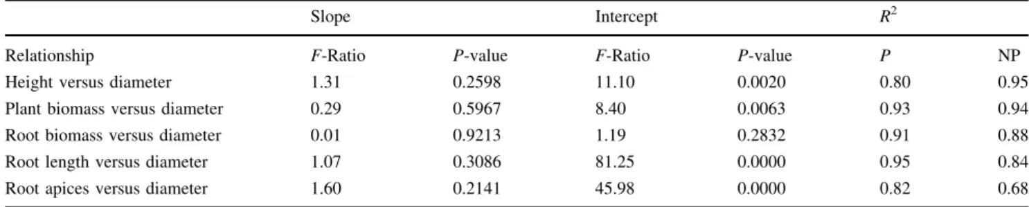Fig. 6 Relationship between diameter at the base of primordial roots (x-axis) and link number (y-axis) for Luehea seemannii (white squares), Hura crepitans (grey squares) and Tabebuia rosea (black squares)