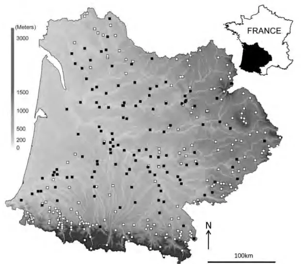 Fig. 1. The Adour-Garonne basin. and location of the 381 sampling sites. Filled squares denote locations where at !east one I!XIltic fish species was present