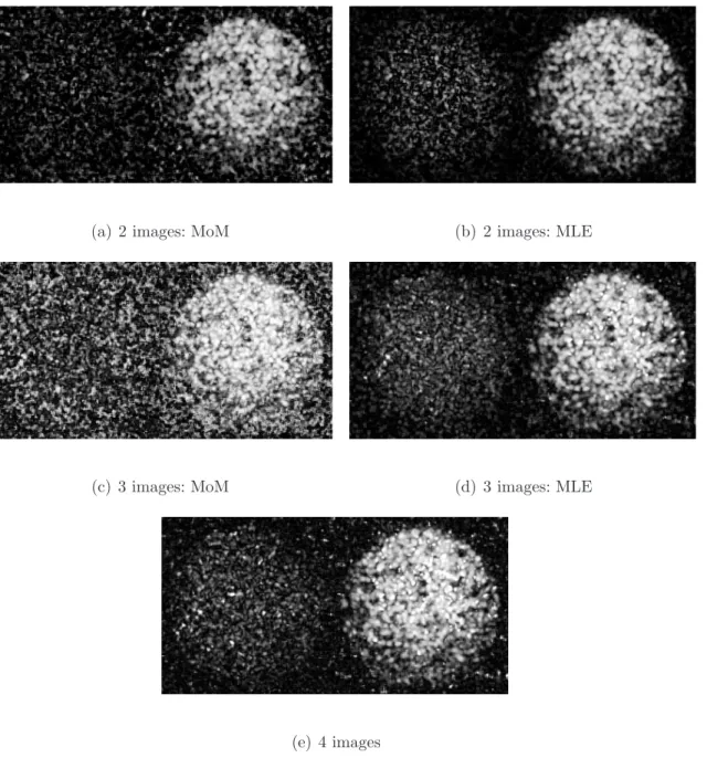 Fig. 9. Estimates of P 2 using 2, 3 or 4 intensity images for the real polarimetric images (size of the estimation window: n = 9 ×9, “MoM”: method of moments estimators, “MLE”: maximum likelihood estimators).