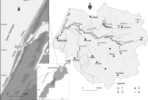 Figure 1 :  Localisation du bassin versant de Sebou et le littoral de                      Kénitra