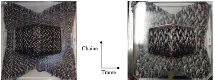 Figure 55 : Structures déformées avec le gousset : base satin de 4 à gauche et base sergé 4-4 contredit à droite 