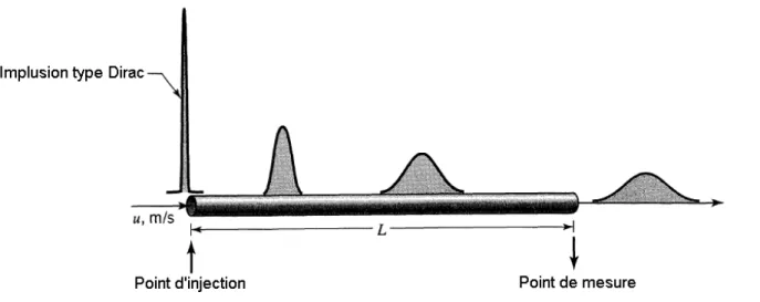 Figure III.5 : Evolution du pic de traceur le long d’un réacteur tubulaire classique (Levenspiel, 1999)