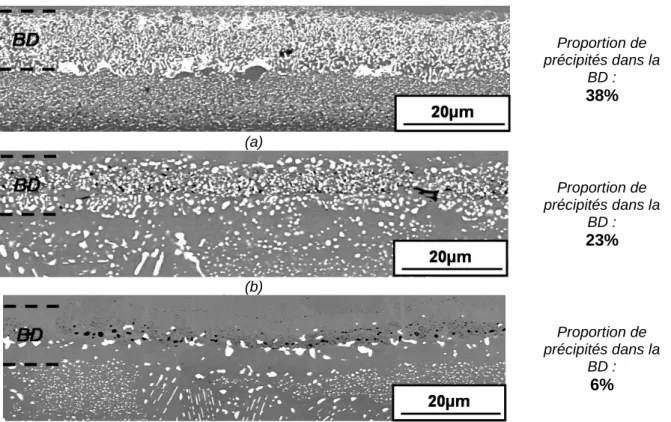 Figure IV- 23 – Evolution de la morphologie de la barrière de diffusion en oxydation cyclique à 1100°C  (cycle d’1h) : après élaboration (a), après 100 cycles (b) et après 900 cycles (c) 