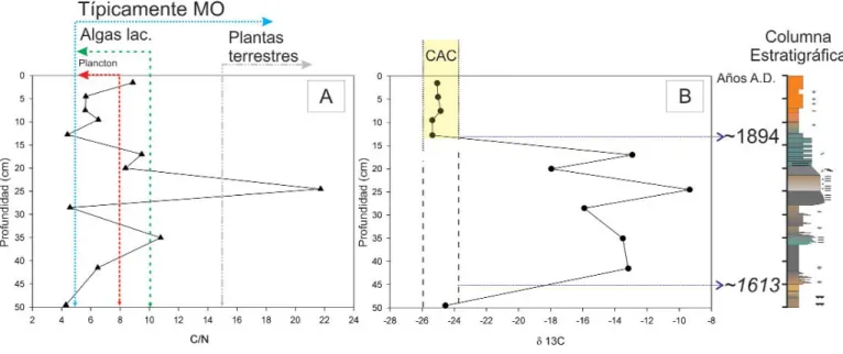 Figura 6: Variación con la profundidad de C/N (a) y de  δ 13 C (b) para el testigo del lago Milluni Grande: en su parte superior se detallan el significa- significa-do de los diferentes ratios de dicha relación y el intervalo de valores de  δ 13 C para las