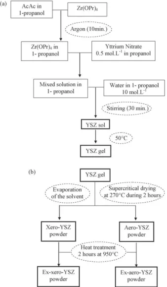 Fig. 1. (a) Procedure for sol–gel synthesis; (b) procedures for drying zirconia gel.