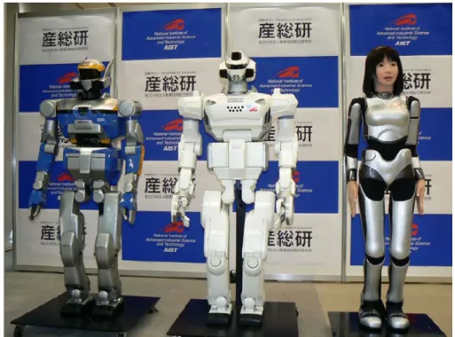 Figure 1.1: HRP platforms. Right to left: HRP2, HRP3 and the last humanoid HRP4.