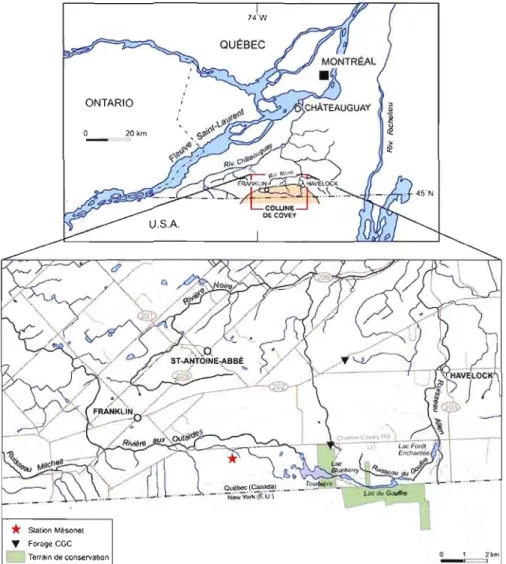 Figure  1.1  Localisation  du  mont  Coyey  Hill,  de  la  tourbière  et  des  terrains  protégés  (Yeli)
