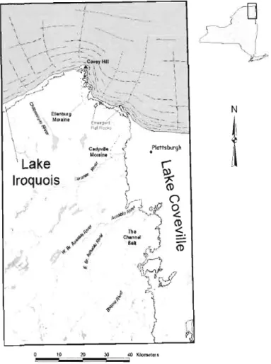 Figure  1.7  Représentation  du  front  glaciaire  dans  la  vallée  de  Champlain  (tirée  de  Franzi et al., 2002) 