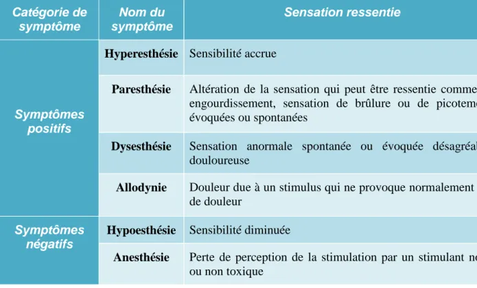 Figure 10 : Tableau personnel répertoriant les différents types de symptômes lors d'une lésion nerveuse 