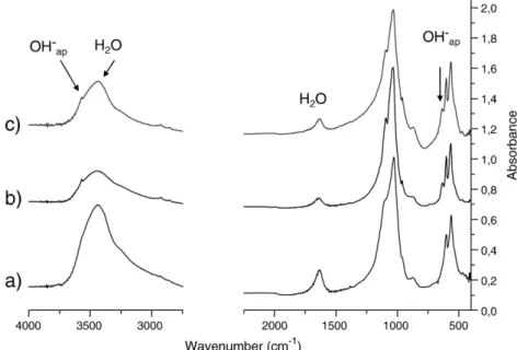 Fig. 6. FTIR spectra of a) initial powder, b) powder consolidated by uni-axial pressing at 200 °C for 15 min and c) powder consolidated by SPS (under vacuum) at 200 °C for 2 min.