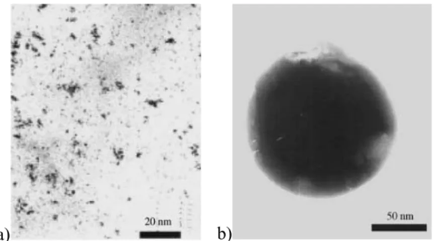 Figure 1.4: a) TEM micrograph of Pd nanoparticles dispersed in methanol/THF; b) TEM micrograph of molecular sieves with supported Pd nanoparticles