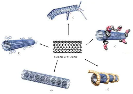 Figure 2.3: Different functionalization for CNTs: a) defect-group functionalization, b) covalent side-wall functionalization, c) non-covalent exohedral functionalization with surfactants, d) non-covalent exohedral functionalization with polymers, and e) en