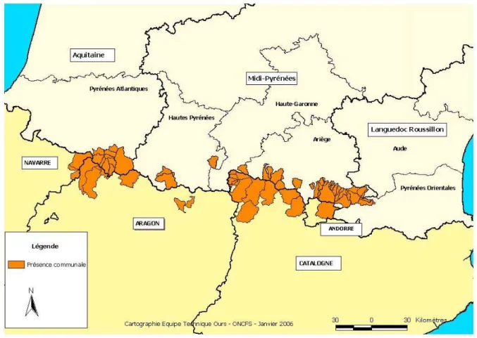 Figure 7: Cartographie de la présence communale des ours brun en 2005 (24) 