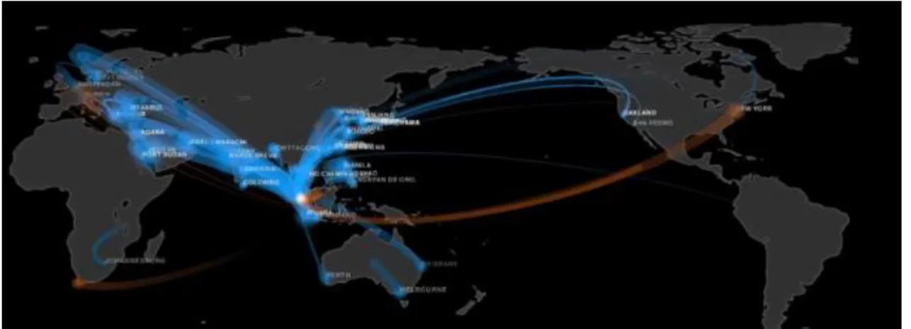 Figure 19 – Cette visualisation montre les bateaux et avions-cargos entrants (bleu) et  sortants (orange) de Singapore [98]