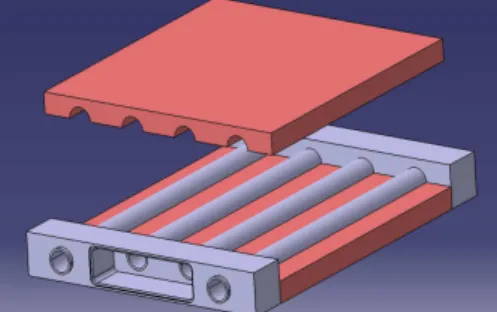 Figure 4. Schematic of the first design of RAPIC reaction plate  (gray – stainless steel; orange – copper)