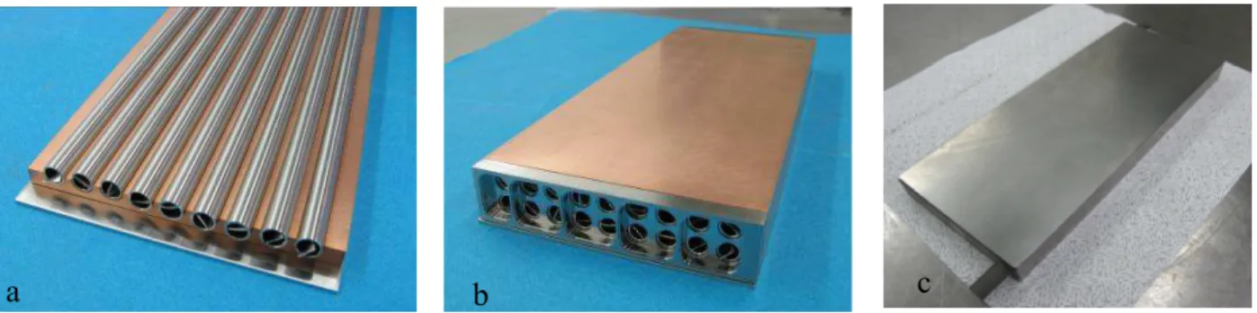 Figure  5  :  Manufacturing  steps  for  the  first  reaction  plate  mock  up  :  a)  tubes  with  internal  swirls  are  placed between copper plates, b) turning and distribution boxes are welded to tube ends, c) mock up after  HIP and final machining