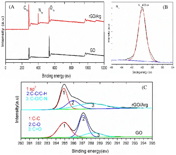 Figure 2.4: XPS survey spectra of GO and rGO/Arg (A), (B) corresponds to N 1s  core level  spectrum of rGO/Arg, and (C) C 1s  of GO and rGO/Arg