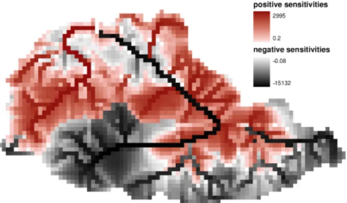 Fig. 5. Spatial variability for the sensitivity of the flood peak to the friction coefficient.