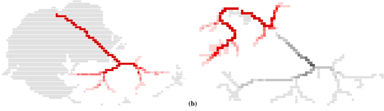 Fig. 6. First singular vectors (i.e. (a) v 1 and (b) v 2 ) in the parameter space for the roughness coefficient n (red color ramp for positive components and gray for negative).