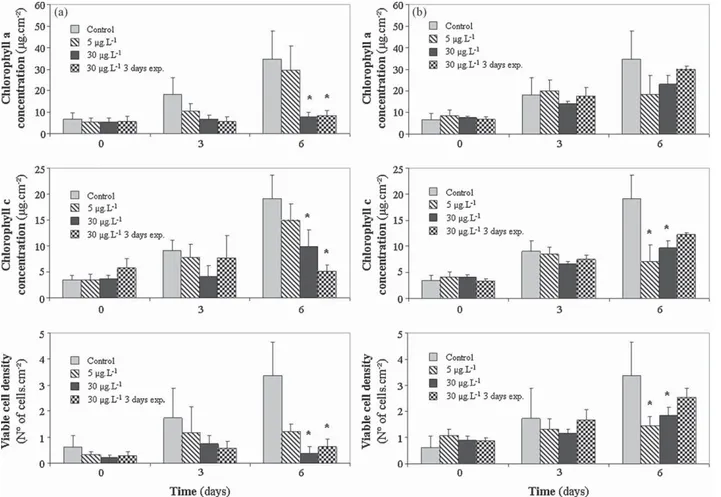 Fig. 2. Histograms of algal biomasses (chlorophyll a and c) and live diatom cell density from periphytons exposed to (a) isoproturon and (b) s-metolachlor (*statistical difference with the control; ANOVA followed by Tukey test, P < 0.05, for algal bioma