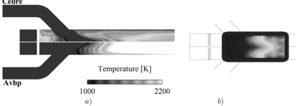 Figure 8. Comparison of (a) the mean temperature field in the Z=0 mm plane and (b) the mean reacting zone from the experiment