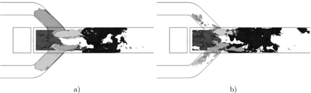 Figure 12. Instantaneous fields : iso-volume of non-dimensionnalized vertical component of velocity (0.9 in white and -0.9 in light gray), iso-volume of zero axial component of velocity in dark gray and iso-volume of reaction rate at 10 3 J.mol − 1 .s − 1 