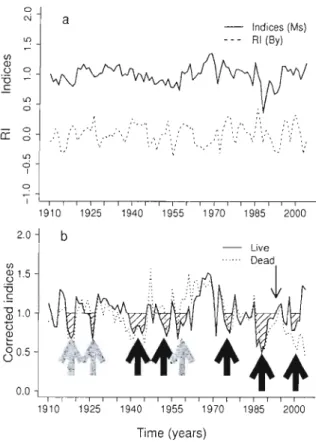 Figure  3.2  (a)  Averaged  ring-width  indices  (1910  - 2003)  of undisturbed  (by  harvest)  sugar  maple  trees  (n= 134,  same  as  in  Fig