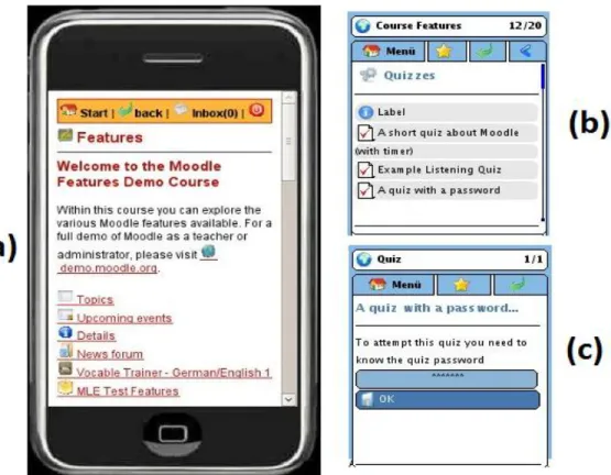 Figure 3 : Captures d'écran relatives à l'outil Moodle MLE : (a) représente l’interface d’accueil, (b) permet de  créer des cours et (c) aide l’apprenant à s’identifier pour faire le quiz