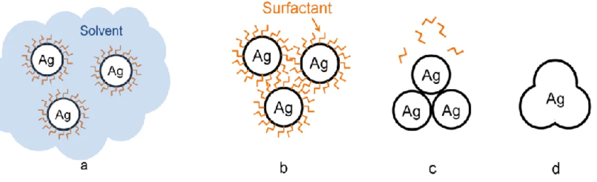Figure  I-8  illustrates different status of metallic nanoparticles (taking silver as an  example  here)  from  dispersing  in  ink  solvent  to  form  densified  and  conductive  bulk  layer
