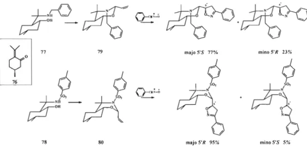 Figure 1.35  Différence de stéréosélectivité lors de la cyc1oaddition  l,3-dipolaire  entre l'auxilaire chiral N-benzyl  et N-tosylperhydrobenzoxazine et l'oxyde de 