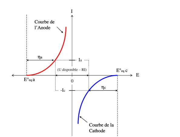 Fig I.2 Allure des courbes de polarisation « Intensité – Potentiel » de l’anode et de la cathode  d’une pile
