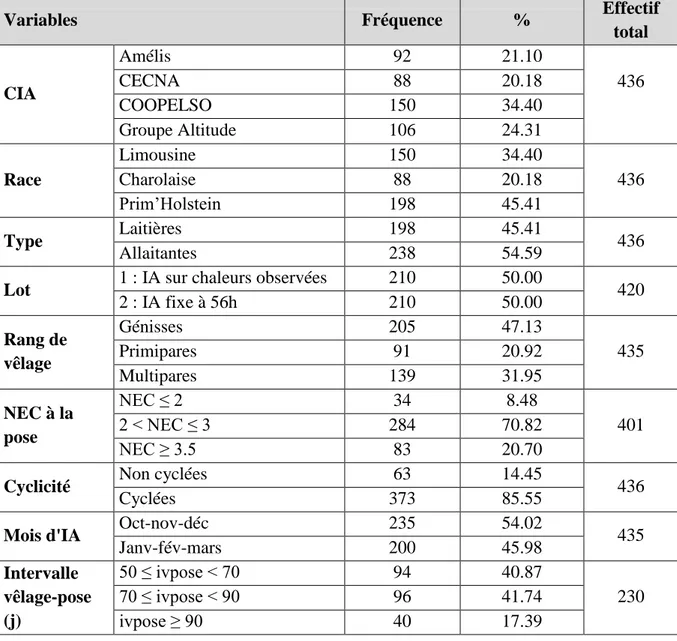 Tableau 13. Description de la population : répartition des femelles en fonction de leurs  caractéristiques  