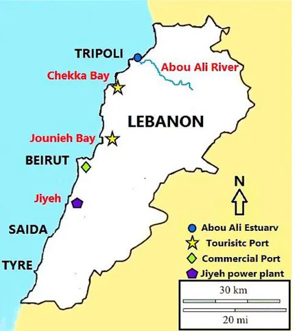 Fig. 19: Lebanon map shows the location of five selected sampling stations along LCZ. 