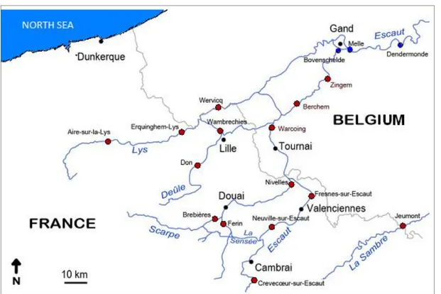 Fig. 1. Studied sites at the cross-border area Northern France-Belgium (red points). 