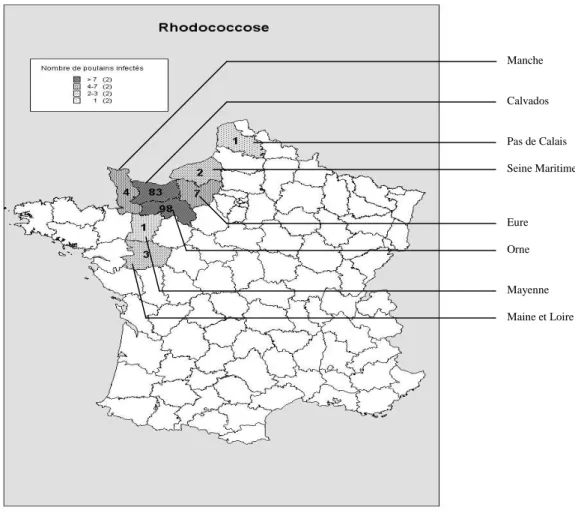 Figure 1 : Répartition géographique des cas d’infection à Rhodococcus equi diagnostiqués à l’autopsie chez les  chevaux de moins d’un an 