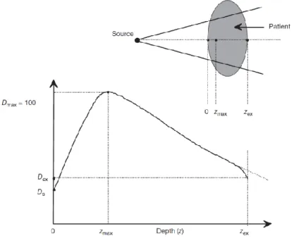 Figure 1.6: Dose deposition from a megavoltage photon beam in a patient. Ds is the surface  dose at the beam entrance side, D ex  is the surface dose at the beam exit side