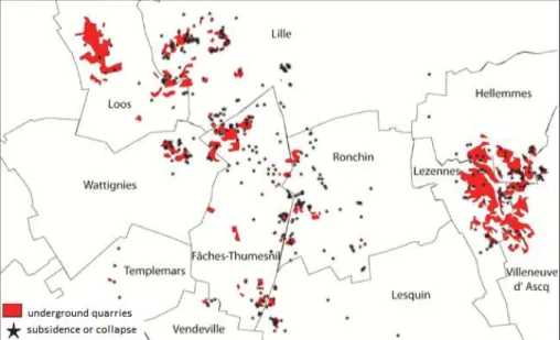 Figure 1.22. Repartition of underground quarries of Lille Metropolis and identified incidents until  April 2010 (Document by City of Lille) 
