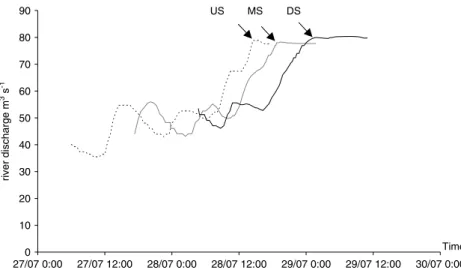Figure 3. River discharge simulated in US (upstream), MS (midstream) and DS (downstream) sampling points (sites are represented by a dashed line, grey line and black line, respectively) during the study period