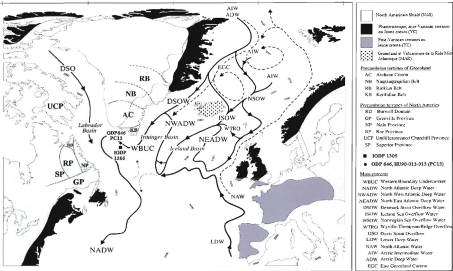 Figure 2:  Localisation des carottes étudiées et géologie régionale, Les flèches  pleines représentent la circulation profonde et  intennédiaire;  les  flèches en  pointillés représentent la circulation de surface