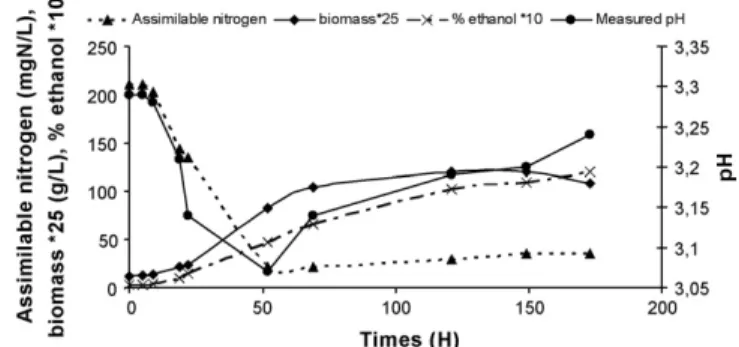 Fig. 1. Assimilable nitrogen, biomass, % ethanol and pH evolution during fer- fer-mentation.