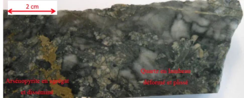 Figure 13: Exemple d'un échantillon de carotte de type volcanique mafique provenant de la mine Casa  Berardi avec une concentration en [Au] de 13,4 ppm mesurée par analyse chimique conventionnelle  (pyroanalyse &amp; gravimétrie)