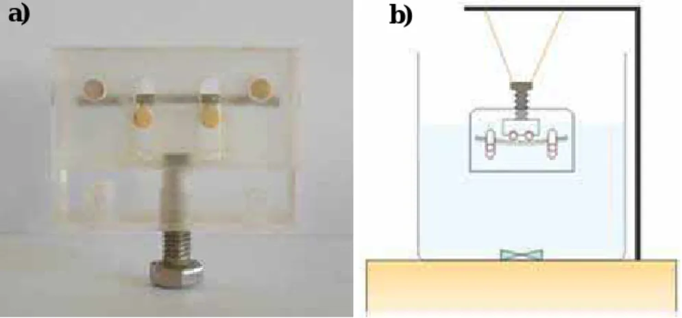 Figure II-7 : Essais de flexion 4 points à déplacement constant (a) montage portatif en PMMA et  (b) dispositif expérimental 