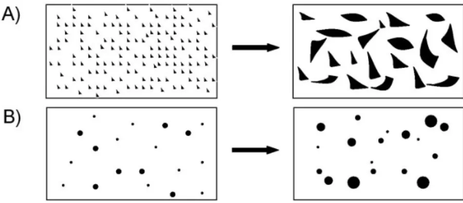 Figure 1-10 : Séparation de phase par décomposition spinodale A) et nucléation- nucléation-croissance B)