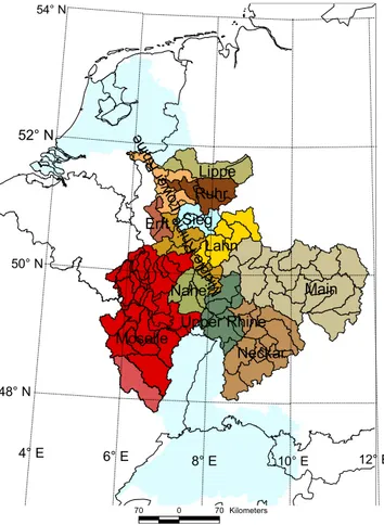 Figure 1. Part of the Rhine watershed subdivided into mesoscale subwatersheds.