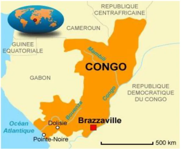 Figure 3-1 : Localisation du Congo et pays limitrophes (tirée de : Congopolis, 2010)  3.1.2