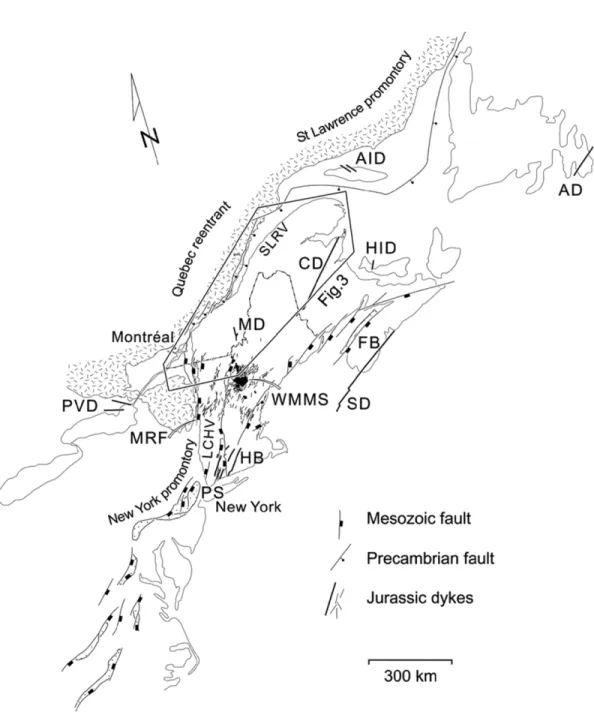 Figure 1. Distribution of Late Triassic–Jurassic plutons, dikes, rift-basins, and faults in the northern Appalachians and adjacent regions (symbols on faults indicate dip directions)