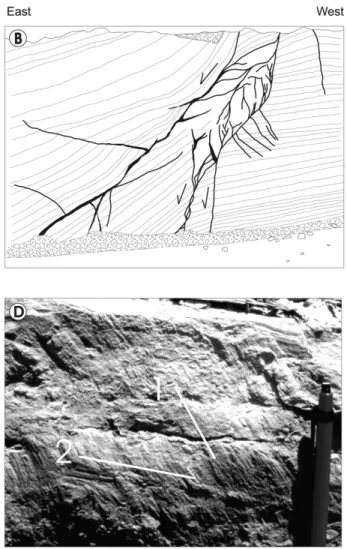 Figure 2. A, Complex neoformed normal fault in Ordovician limestones of the St. Lawrence Lowlands with B, kinematic interpretation (site 49 in fig
