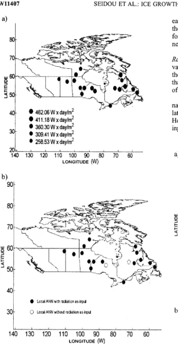 Figure  10.  Effect of  the statistical characteristics of  input variables on the best perfonning solution: (a) mean sum of solar radiation during the ice growth period and (b) usage of radiation as explanatory variable by  local ANN  models.