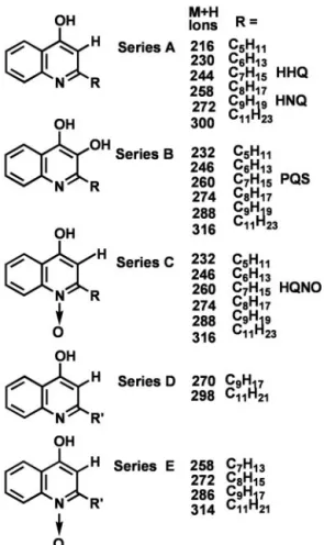 Fig. 2. Chemical structures of five distinct series of HAQ compounds isolated from the PA14 culture supernatant
