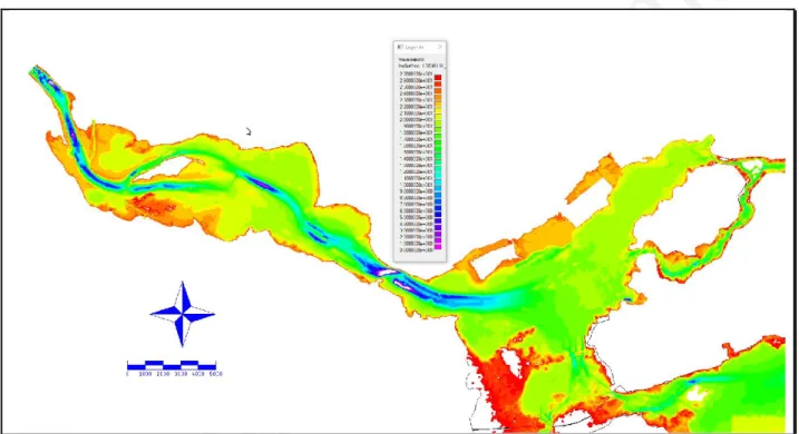 Figure 3 : Modèle numérique de terrain du lac des Deux-Montagnes pour le simulateur hydrodynamique  2D H2D2 (Source Boudreau et coll., 2020) –  